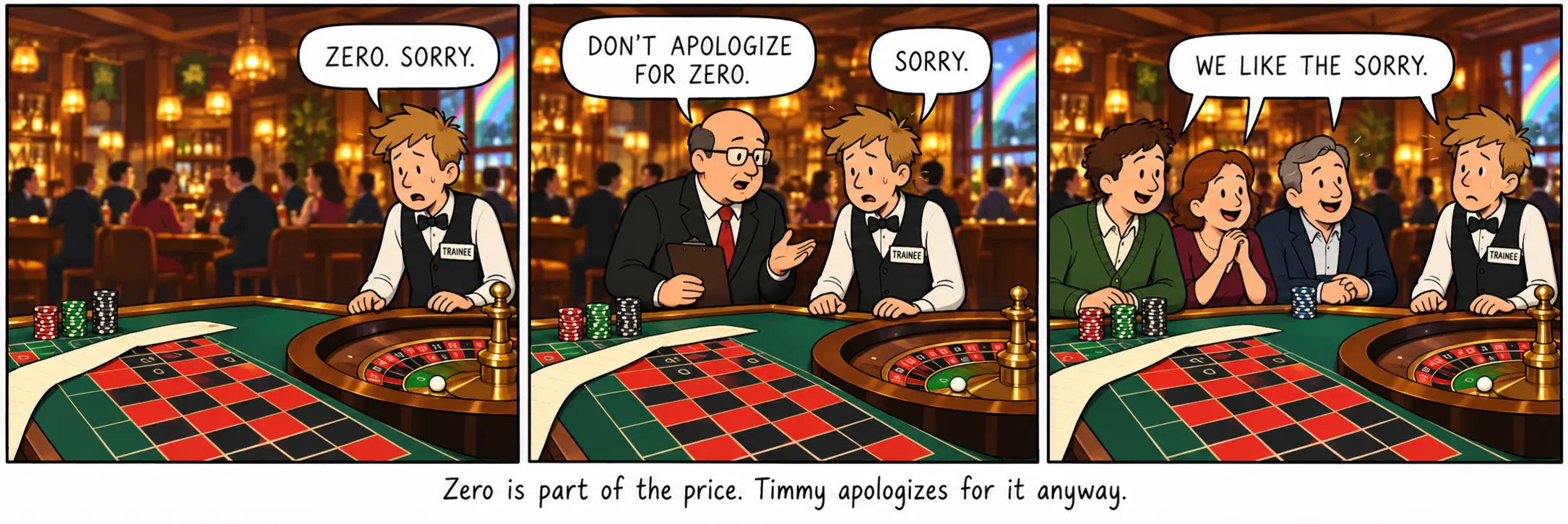 A zéró az ár része. Timmy mégis elnézést kér érte.